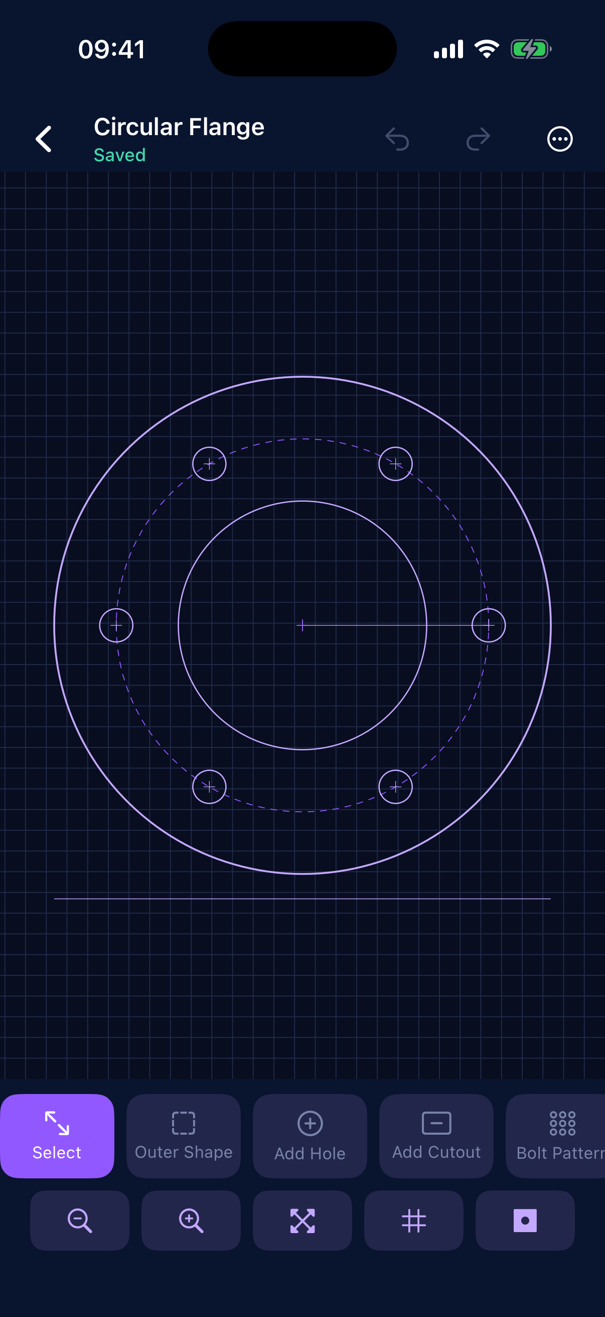 DuealDraft editor showing a circular flange with bolt pattern on a technical grid